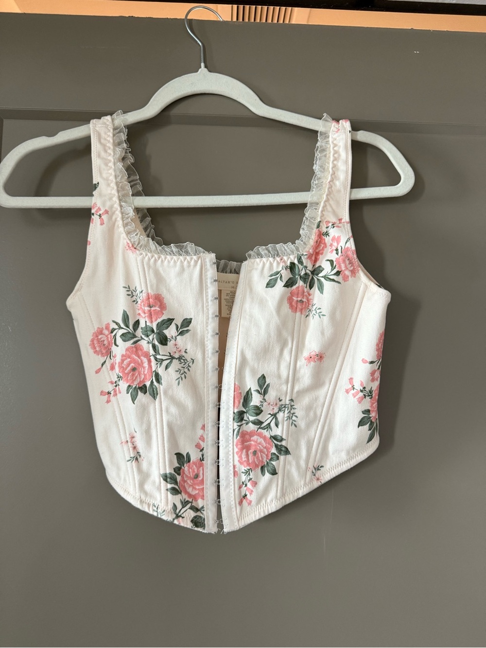Altar'd State Cream Floral Corset Crop Top with Pink Roses